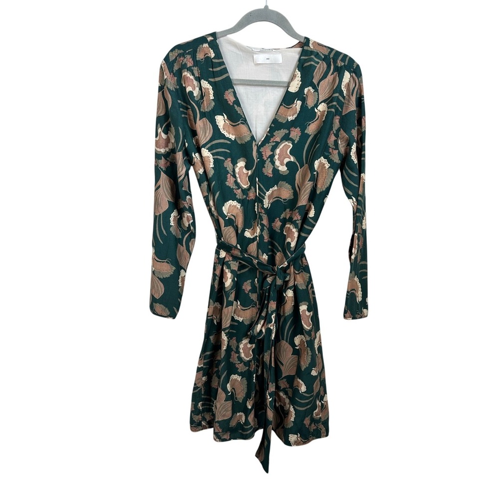 Pomandere Printed Silk Cotton Dress Womens 6 Green Beige EUC 172-3142/30183‎
